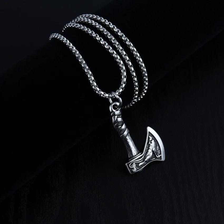 Silver Viking Axe Wolf Pendant Necklace
