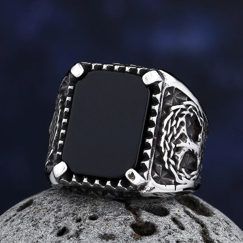 2024 New Men's Punk Rock Black Stone Tree Of Life Ring Gothic Style 316L Stainless Steel Biker Anel Movie Viking
