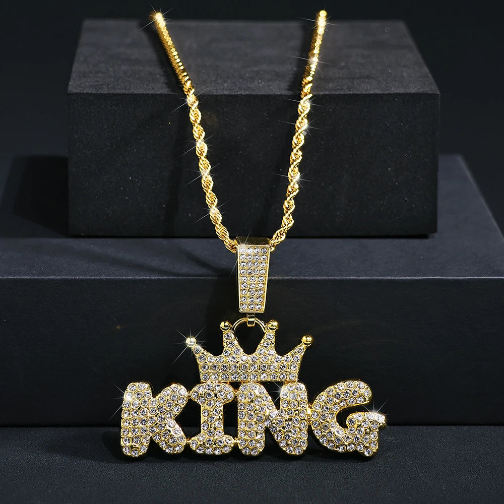 Fashion Hip Hop Crown with KING Pendant Necklace For Men Crystal Cuban Chain Iced Out Bling Hiphop Necklaces Rock Biker