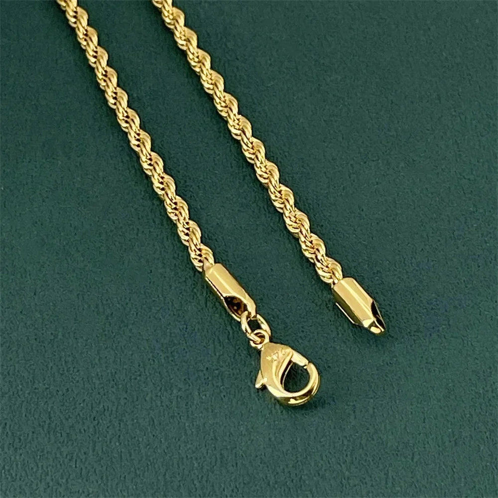 Luxury 925 Sterling Silver Gold Plated 3MM Twisted Rope Necklace for Women Men Accessories Jewelry 40-60CM