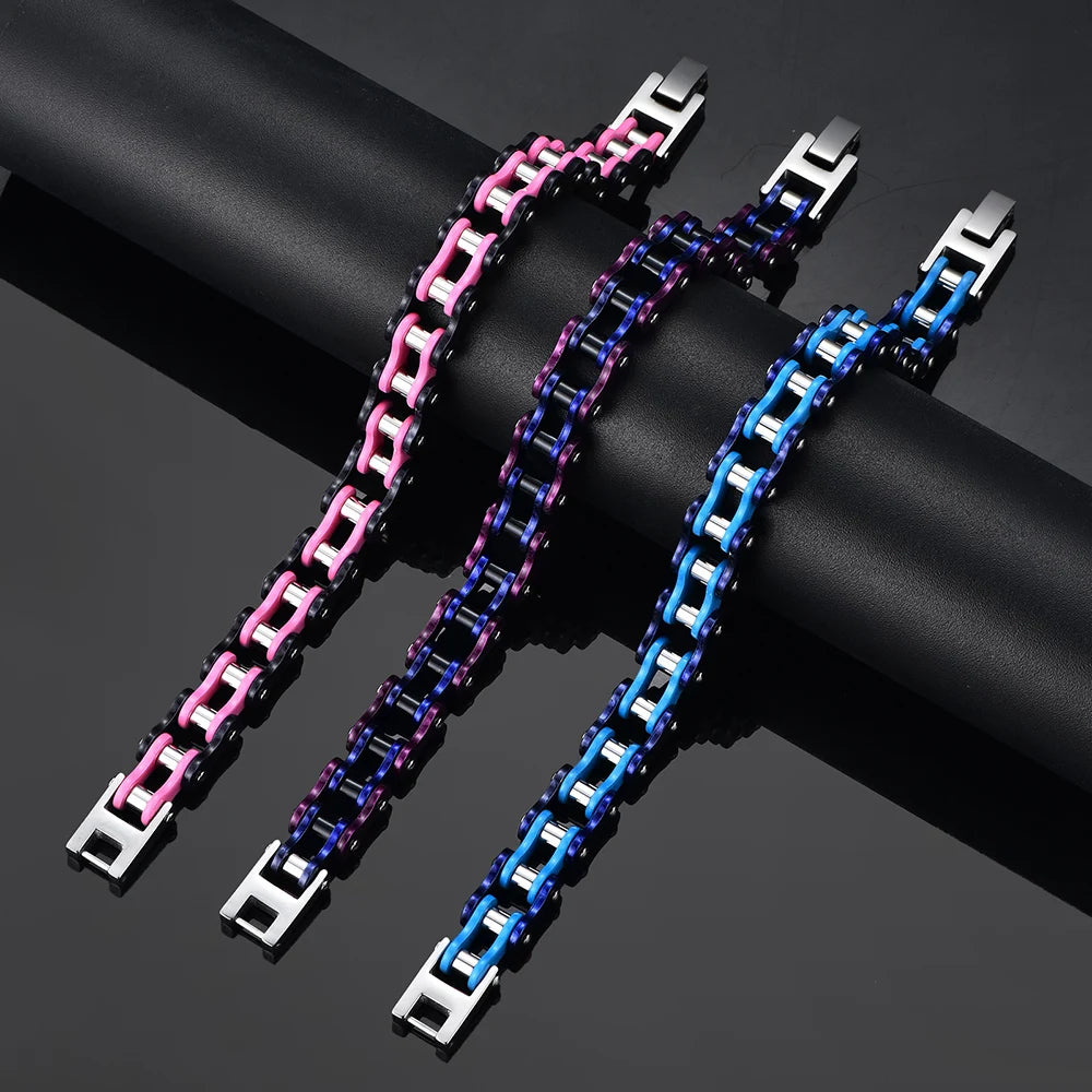 10MM Wide Men's Motorcycle Chain Bracelet Blue Stainless Steel Bicycle Link Design Man Bracelets for Men HipHop