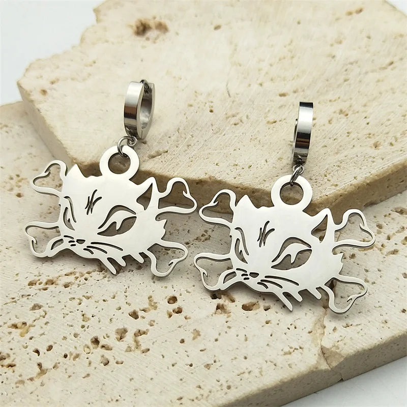 Cat Silver Earrings Vintage Head Bone Hoop Gothic