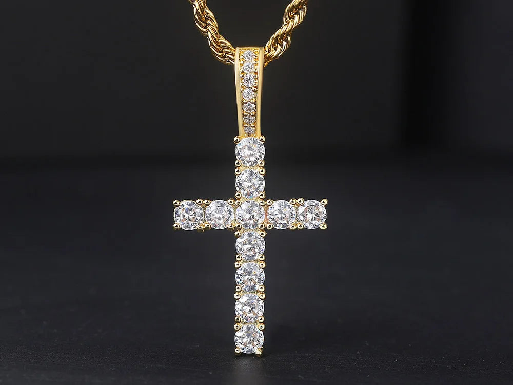 Gold Iced Out Cross Pendant Rope Cuban Chain