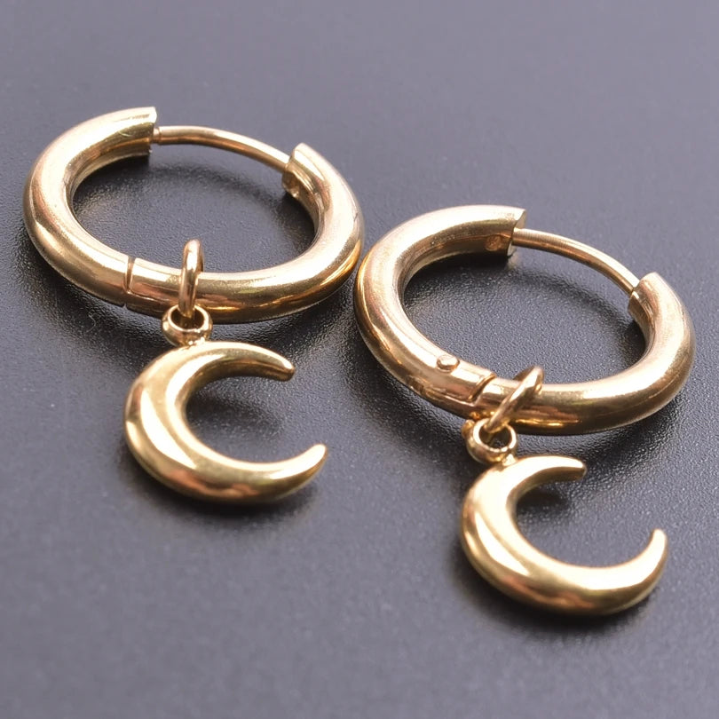 Moon Dangle Huggie Hoop Earrings, Multi-Style — Stainless Steel