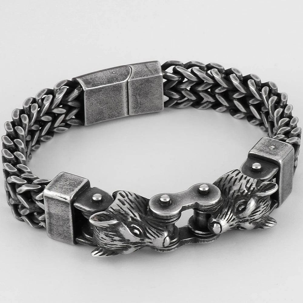 Men's Double Wolf Head Bracelets Stainless Steel Viking Jewelry Punk Rock Bicycle Chain Man Bracelet for Men 8.46" Male