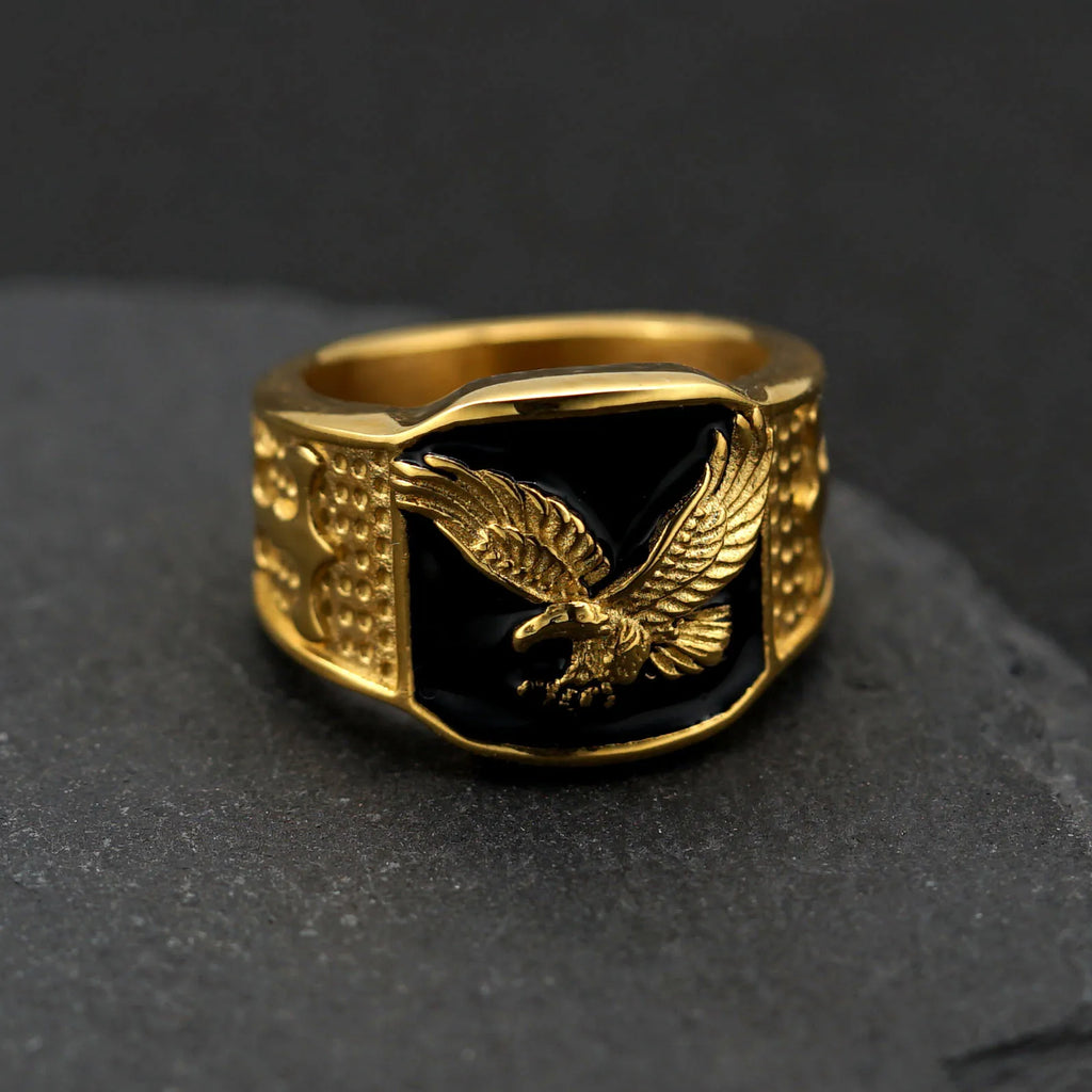 Gold Eagle Ring Classic Statement Band — Stainless Steel
