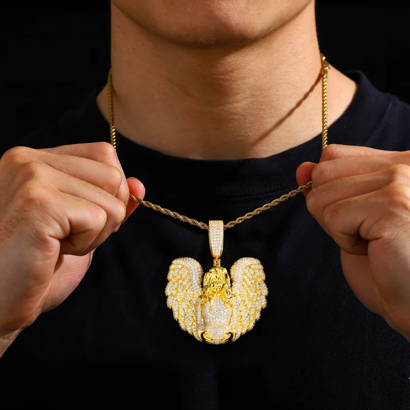 TUHE Copper Angel Wing Pendant Necklace Full Iced Out Cubic Zirconia Hip Hop Jewelry For Men Women Party Gift