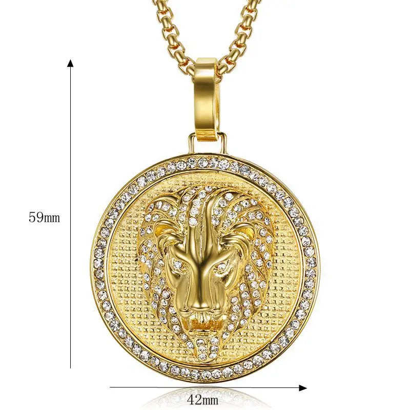 Iced Out Lion Head Round Pendant Necklace
