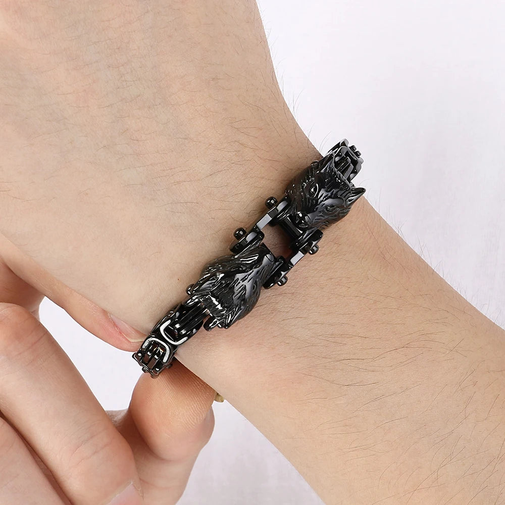 Double Wolf Head Link Chain Bracelet for Man 316L Stainless Steel Biker Charm Bracelets Vintage Punk Motorcycle Viking