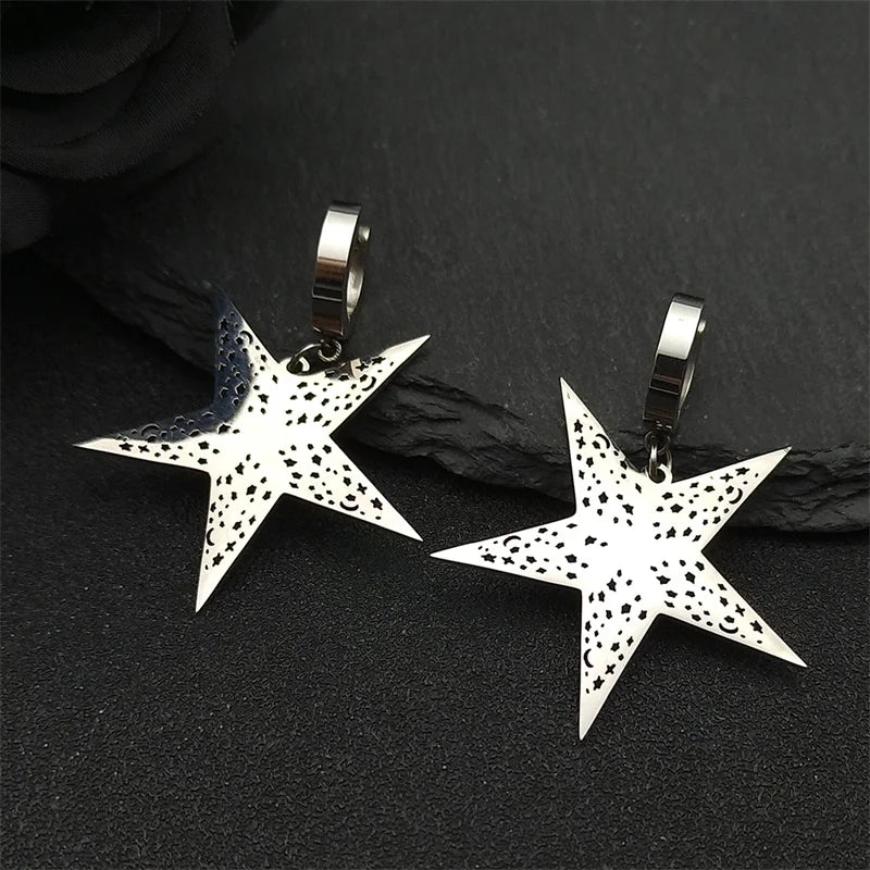 Gothic Star Silver Earrings Pentagram Hollow Hoop