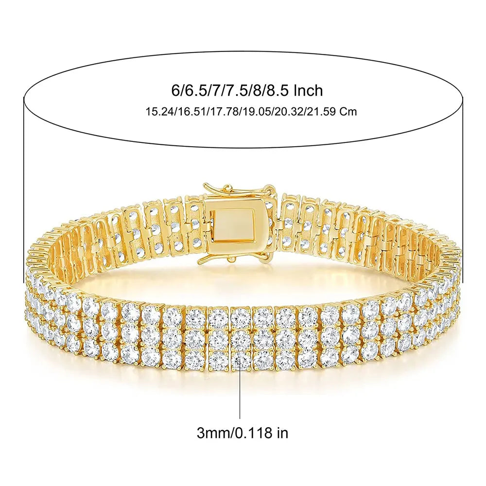 Nuoya Hot Selling 3MM Double Row Cubic Zirconia Tennis Bracelet Silver Gold Plated Wholesale Hip Hop Chain Jewelry