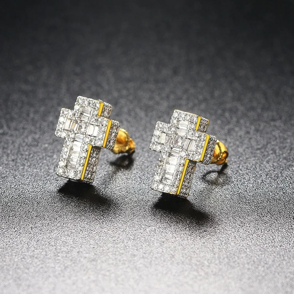 Luxury Punk Cross Earrings for Men Iced Out Zirconia Hiphop Stud Earring Gold Color Women's Accessories Fashion Jewellery
