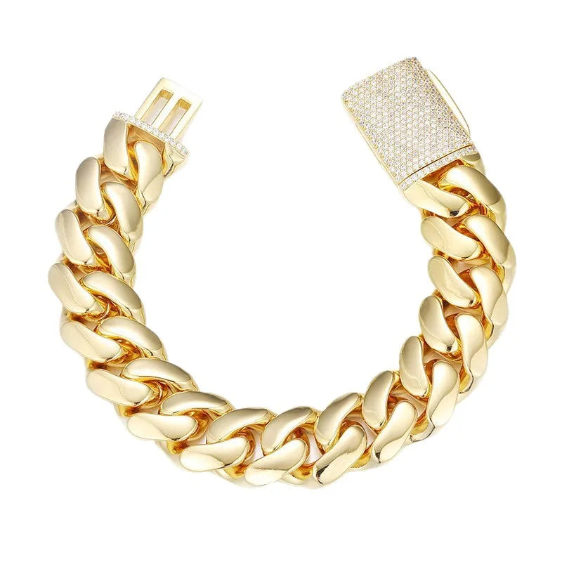 Luxury 24K 9999 Pure Gold real gold 10MM 12MM Width Large Cuban Chain Bracelet Inlaid Full Diamond Bracelet