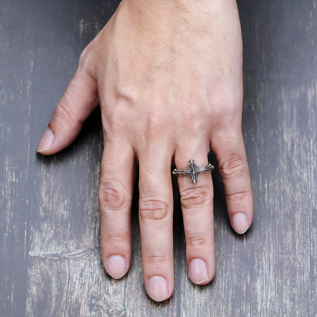 Retro Rib Cross Ring For Men Silver Color Punk Gothic Adjustable Ring Handmade Jewelry Rock Hiphop Biker Accessories Man Gift