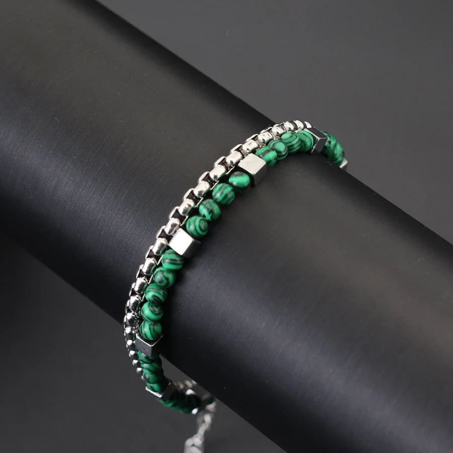 Punk 2Pcs/set Natural Stone Bracelet Men Stainless Steel Chain Tiger Eyes Hematite Beaded Braslet Cool Boyfriend Gifts For Him