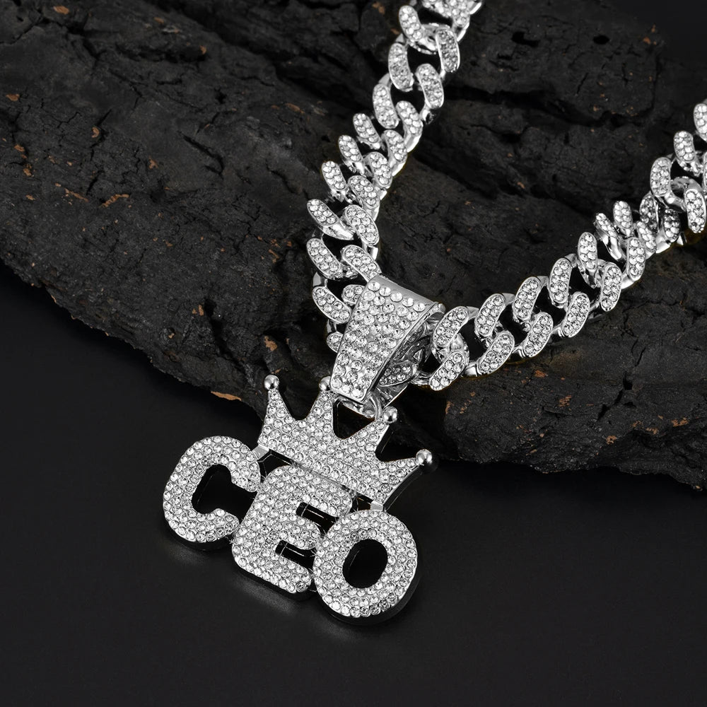 Iced Out Crown CEO Letter Pendant Cuban Link Chain Necklace