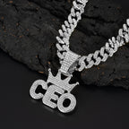 Iced Out Crown CEO Letter Pendant Cuban Link Chain Necklace
