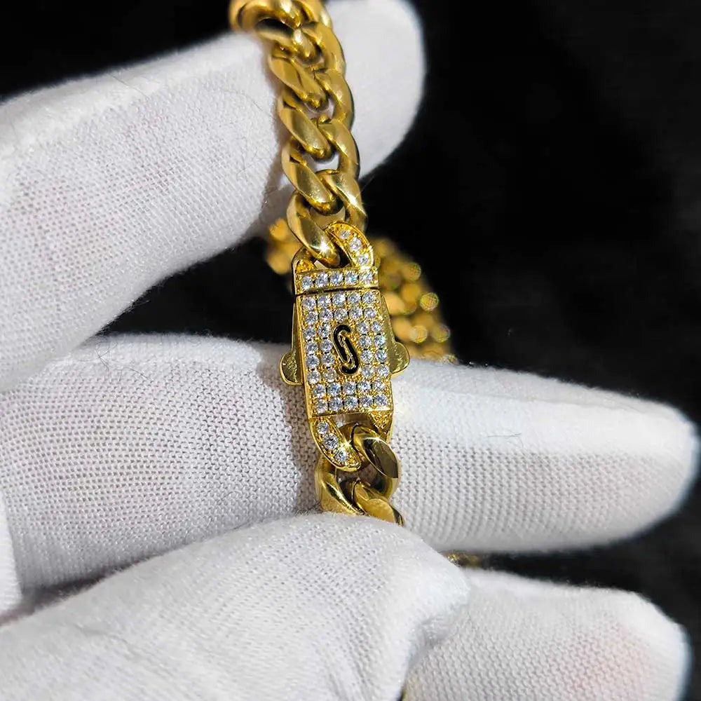 Gold Cuban Chain Necklace Iced Out 8MM Diamond Clasp