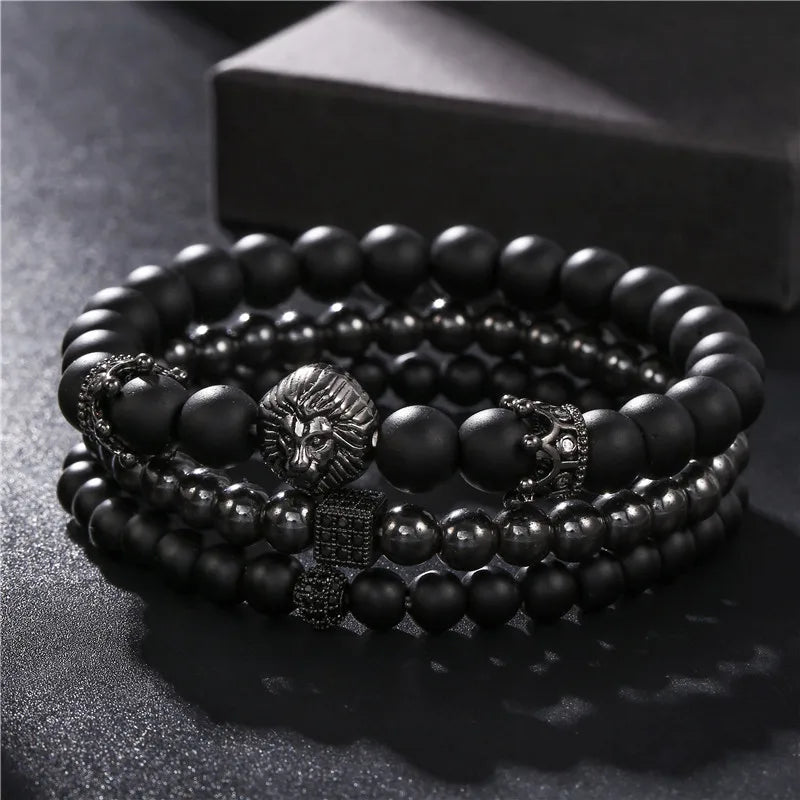 Lion Head Crown Dice Bead Bracelet Set — Black-Tone, 3 Pcs