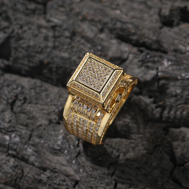 Hip Hop 5A+ CZ Stone Paved Bing Iced Out Square Rings for Men Women Unisex Rapper Jewelry Rose Gold Silver Color