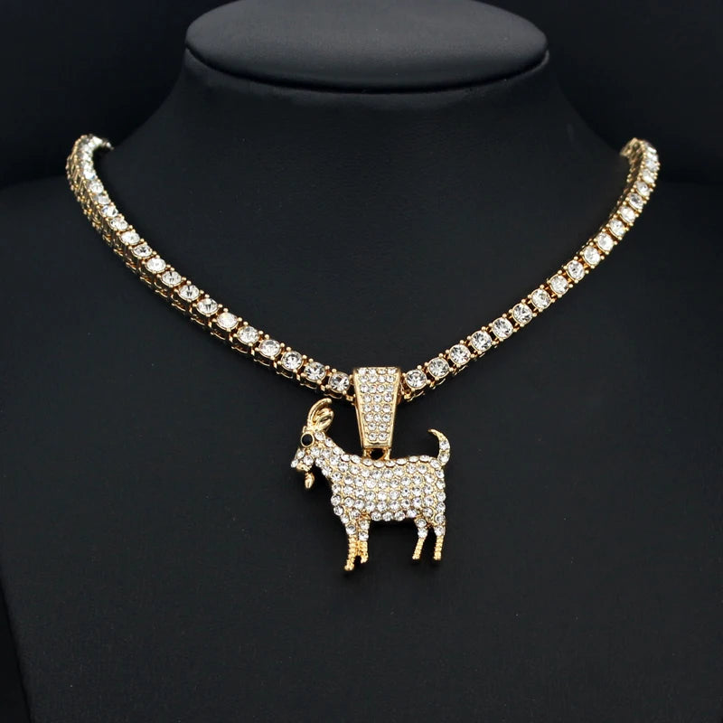 Fashion Gold Goat Pendant Necklace Hip Hop Tennis Chain Necklaces For Women Mens Gifts Motivation Jewelry