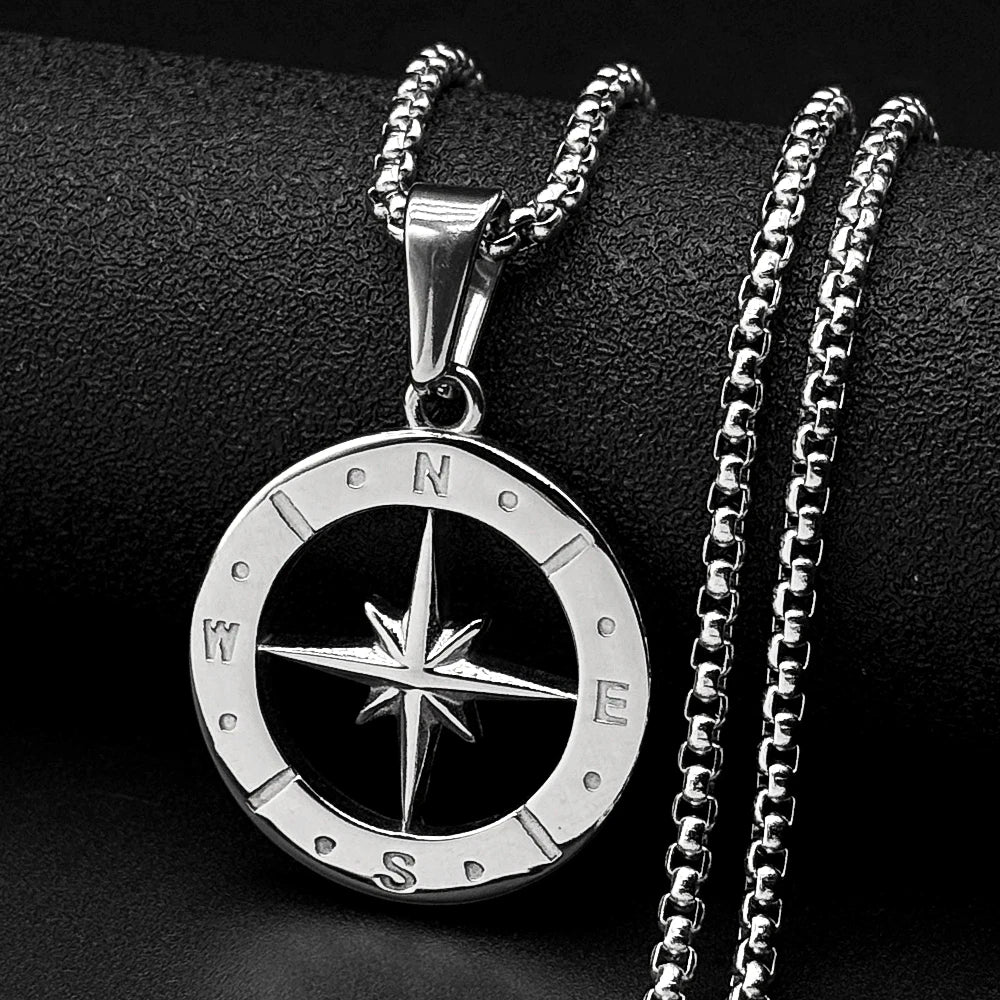 Hollow North Star Compass Pendant Necklace — Stainless Steel