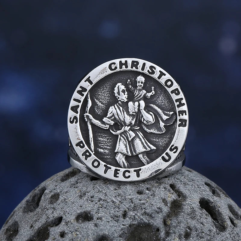 St. Christopher Polished Cross Ring — 316L Stainless Steel