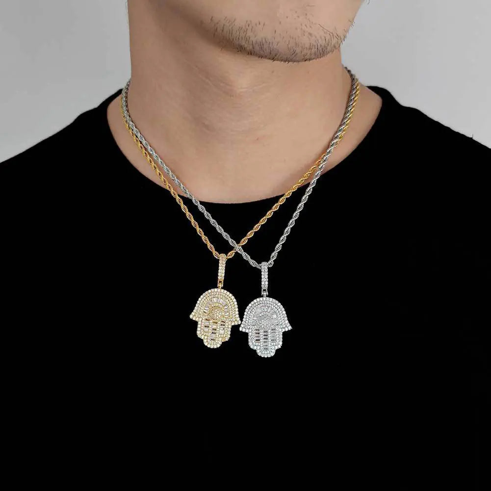 Iced Out Hamsa Hand of Fatima Pendant Necklace — Copper Alloy