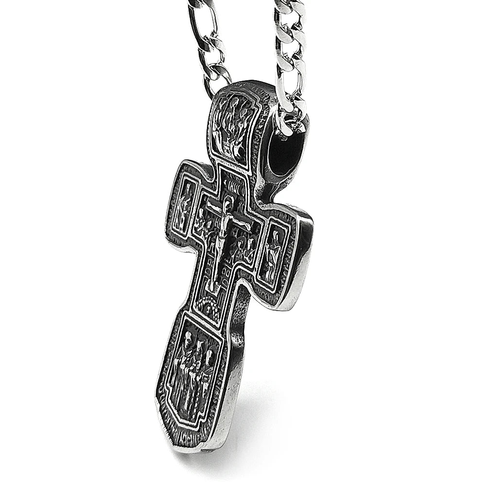 Jesus Crucifix Cross Orthodox Necklace for Women Men Stainless Steel Christian Believer Chain Necklace Vintage Charm