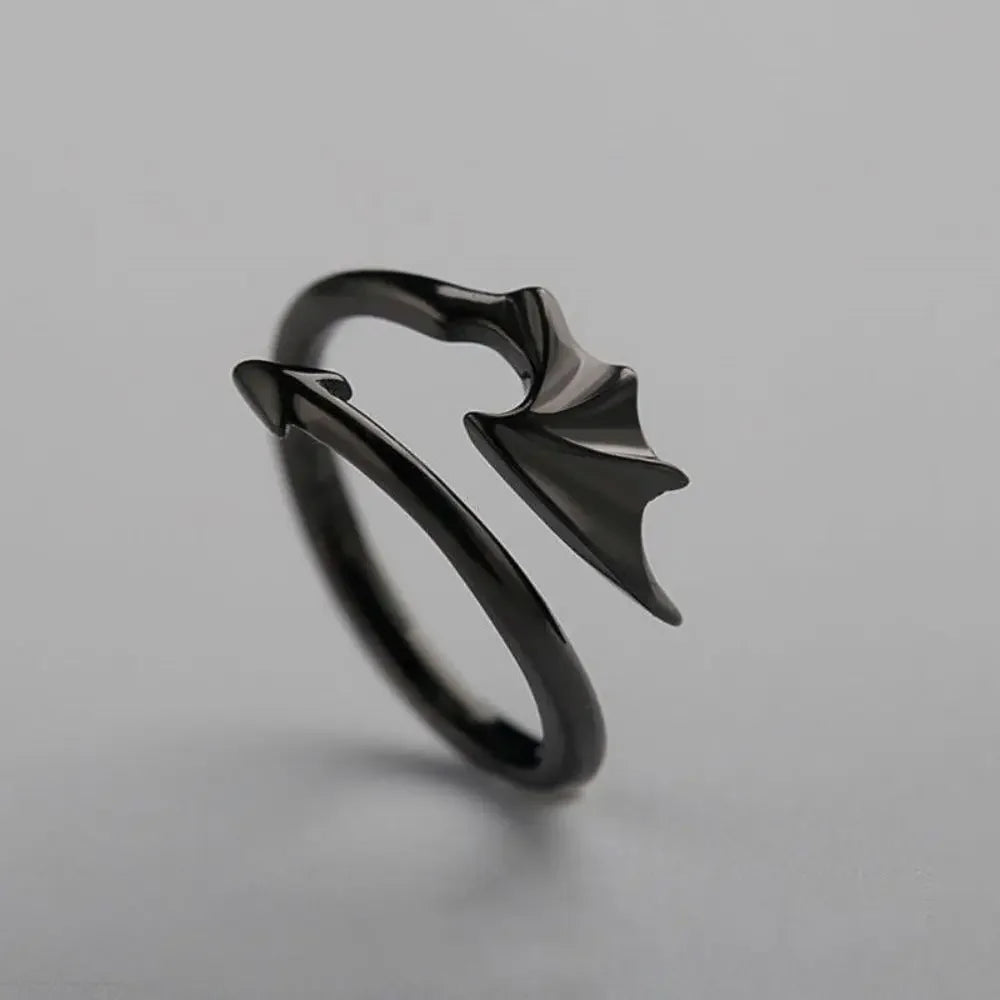 Gothic Angel & Devil Wings Open Ring — Vampire, Black & Silver