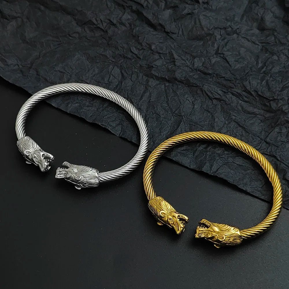 Wolf Head Wire Bracelet — Gold & Silver Color, Stainless Steel