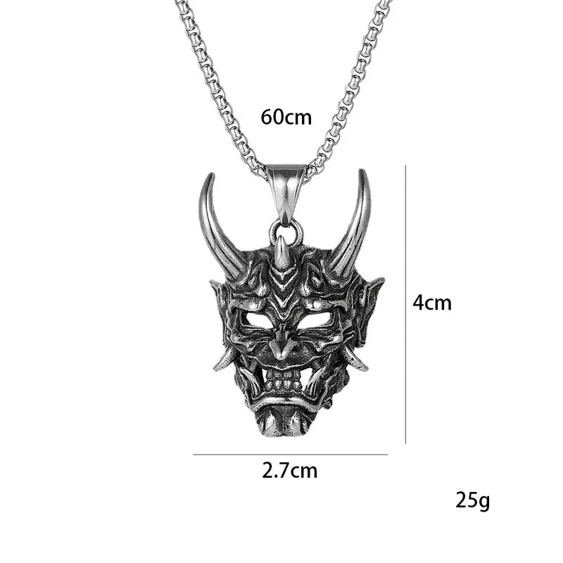 1Pcs Vintage Punk Demon Mask Samurai Ghost Pendant Necklace Unisex Long Chain Hip Hop Rock Party Necklace Jewelry
