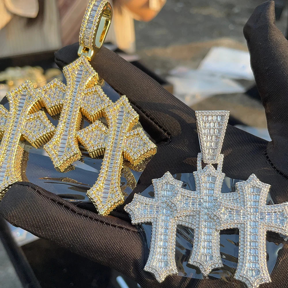 Cross Pendant Necklace Iced Out Three Baguette
