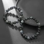 Vintage Dark Tone Natural Stone Bracelet, Matte Black Onyx Mixed Snowflake Obsidian Beaded Bracelet, Trendy Gothic