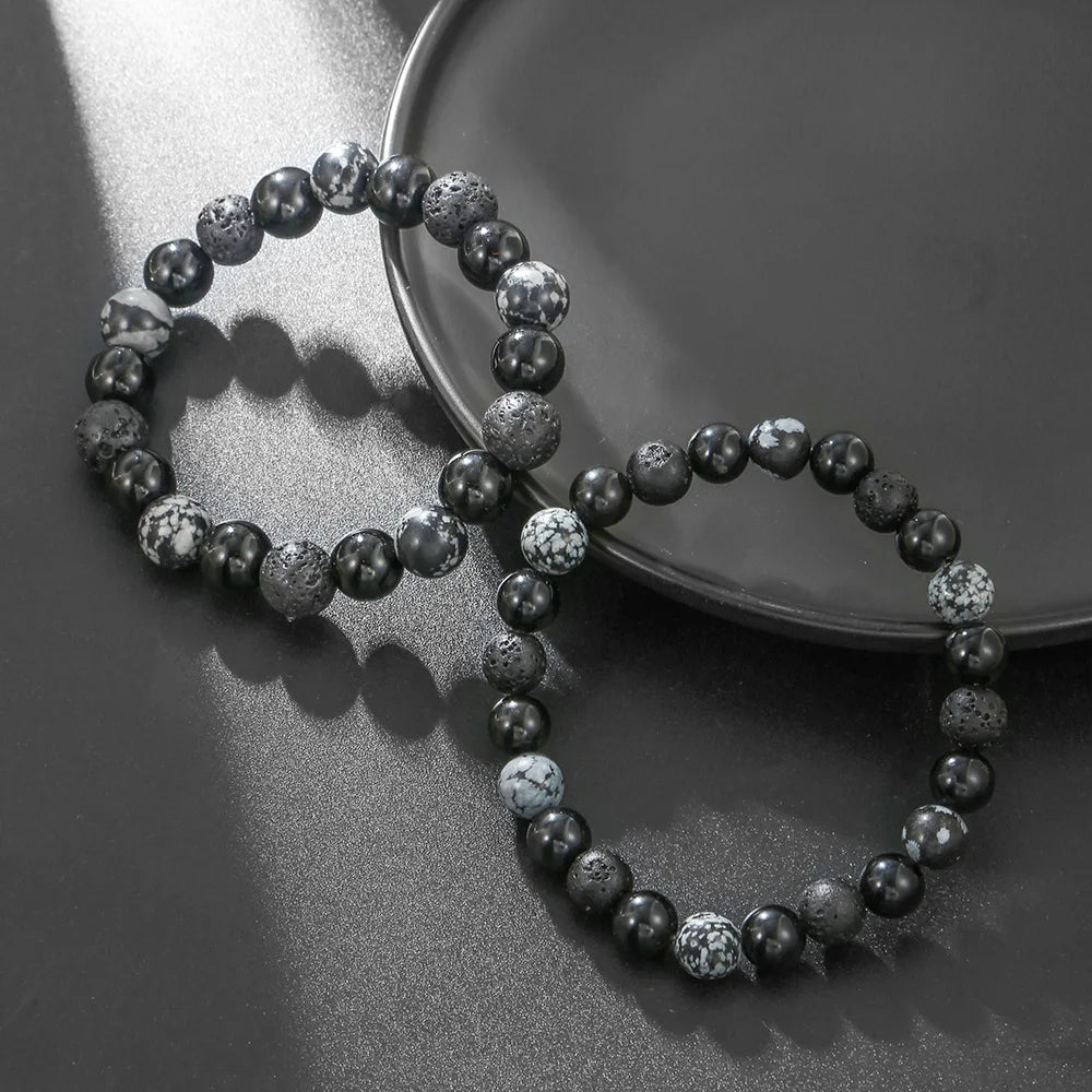 Vintage Dark Tone Natural Stone Bracelet, Matte Black Onyx Mixed Snowflake Obsidian Beaded Bracelet, Trendy Gothic