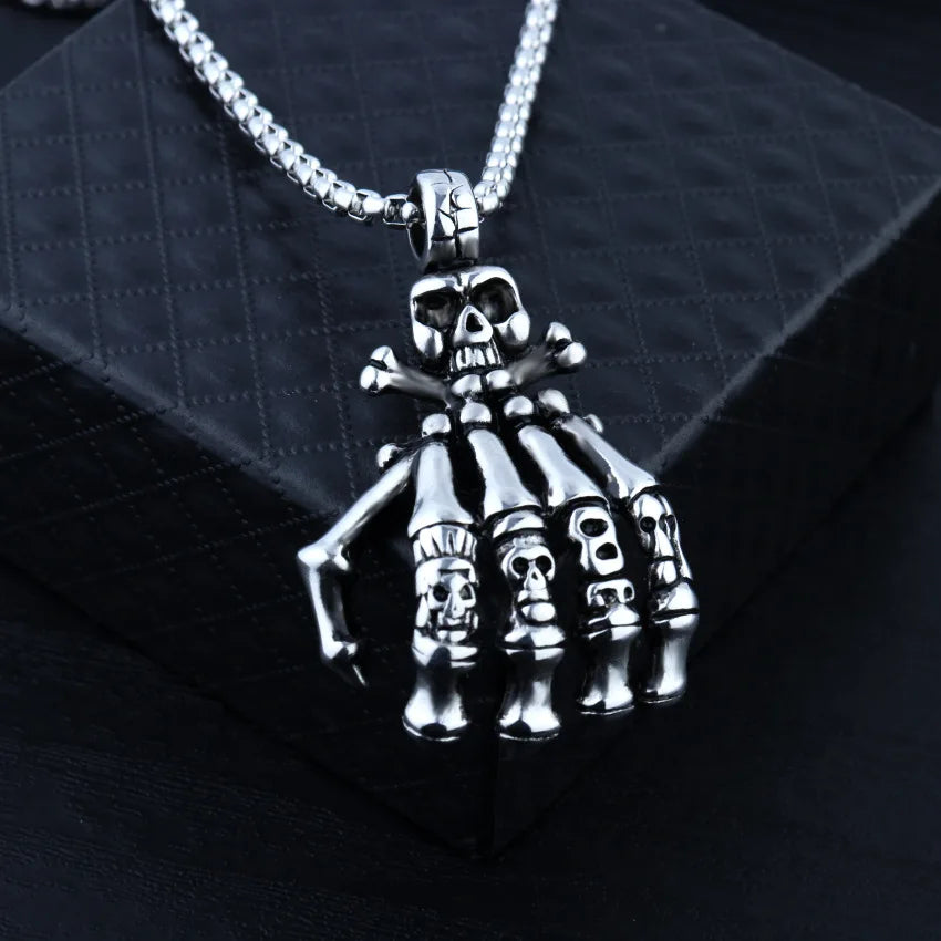 Silver Skull Hand Pendant Necklace Stainless Steel