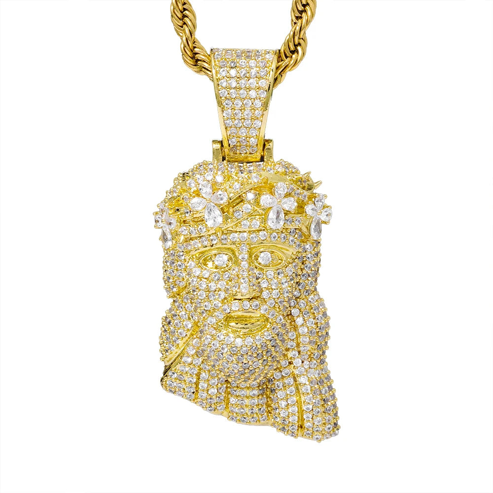 NUOYA Luxury Jewelry Iced Out Diamond Jesus Head Pendant 18K Gold Plated Micro Pave Zircon Hip Hop Pendant Jewelry Gift for Men