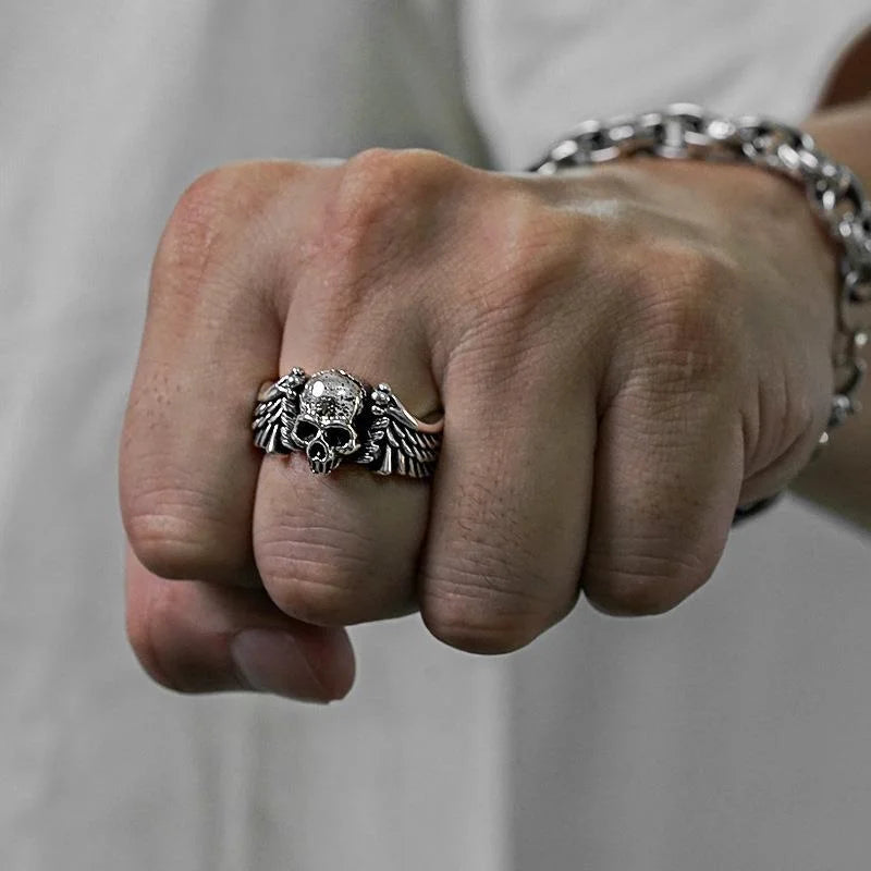 Wings Skull Head Open Ring — Stainless Steel