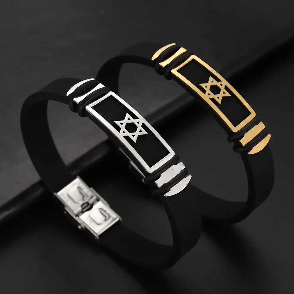 New Simple Style Black High Quality Silicone Alloy Hexagram Star Men's Bracelet Popular Glamour Men Accessories