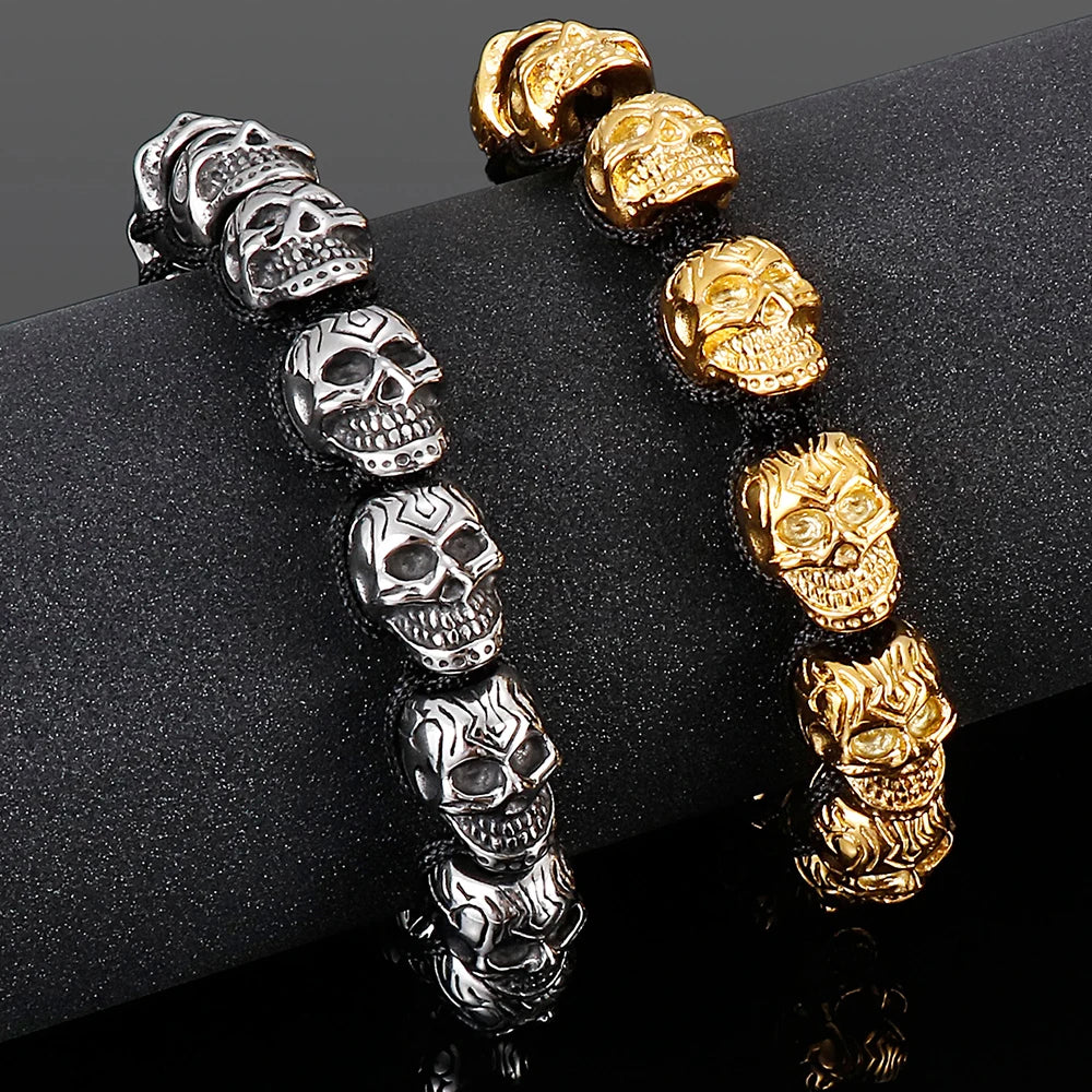 Handmade Braided Man Bracelet Skull Beads On Hand Bands Bracelets for Men Punk Gothic Stainless Steel Men's Jewelry