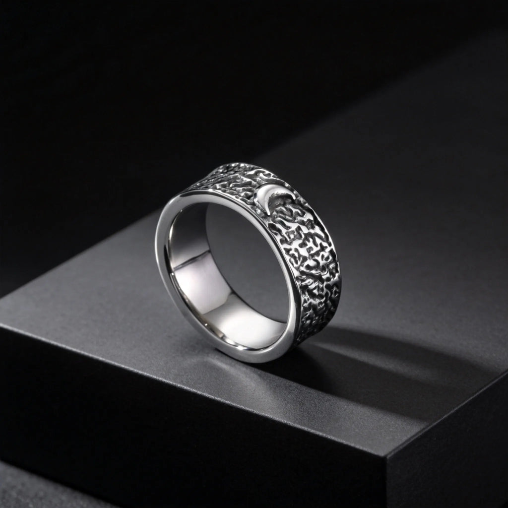Fashion Retro Moon Sun Ring for Men, 8mm Chunky Stainless Steel Ring, Punk Personality Finger Jewelry Size 7 8 9 10 11