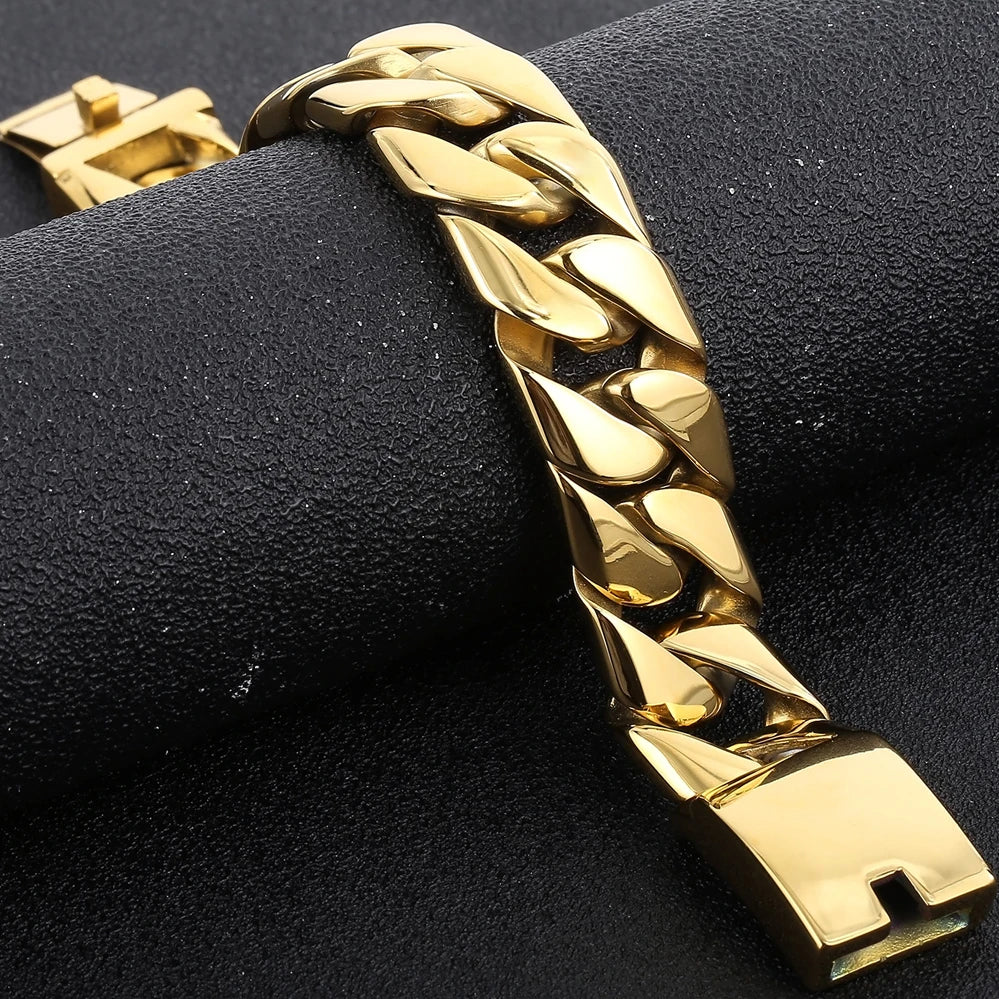 20MM Curb Cuban Chain Men Bracelet for Man Polished Brushed Waterproof Gold Color Stainless Steel Wristbands New In