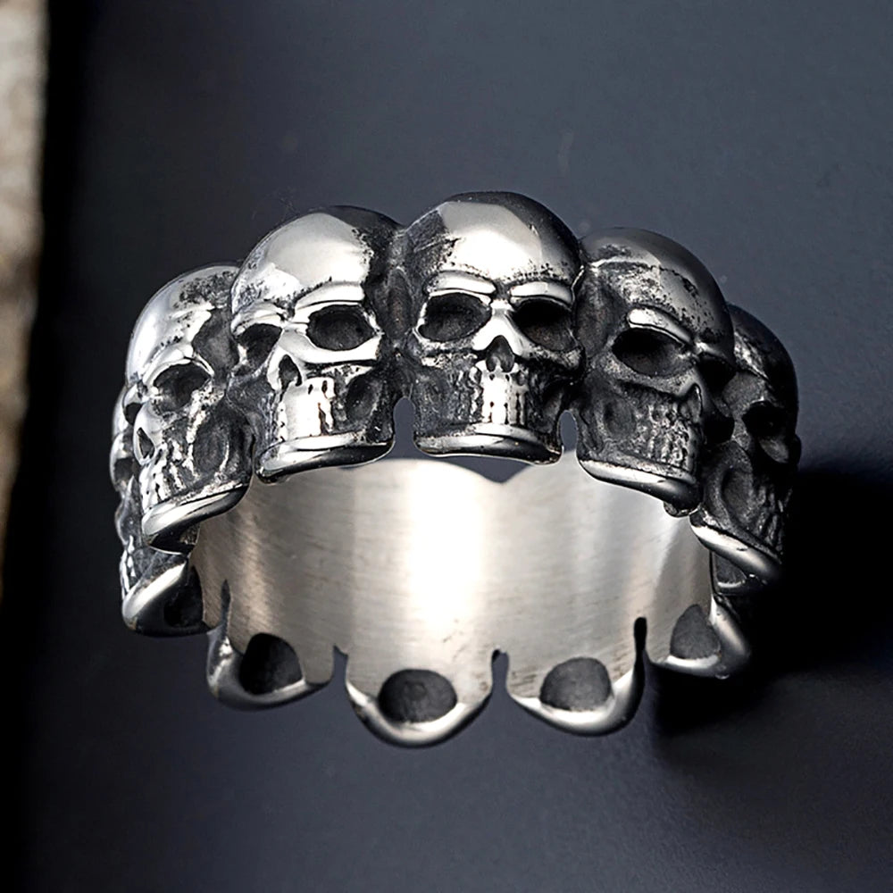 316 Stainless Steel Full-Wrap Skull Ring 7mm/12mm Wide Heavy Retro Gothic Punk Band 3D Carved Skeleton Biker Jewelry for Men