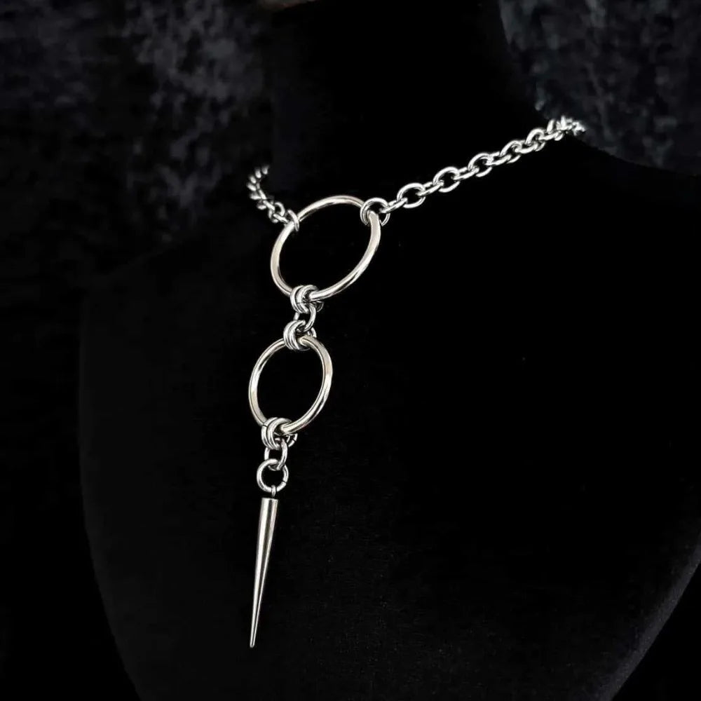 Punk Personality Silver Color Stainless Steel Circular Ring Long Rivet Pendant Choker Necklace for Men Women Jewelry