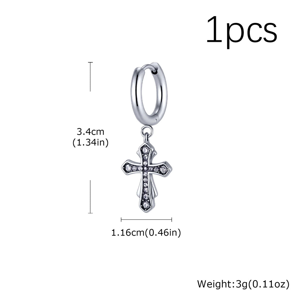 Jesus Cross Textured Dangle Earrings — Stainless Steel