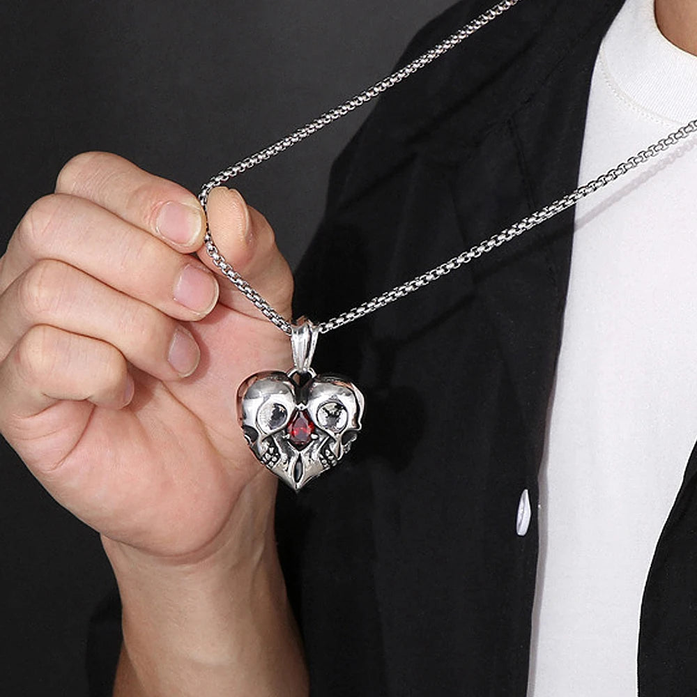 Skull Steel Pendant Punk Vintage Heart Red Stone
