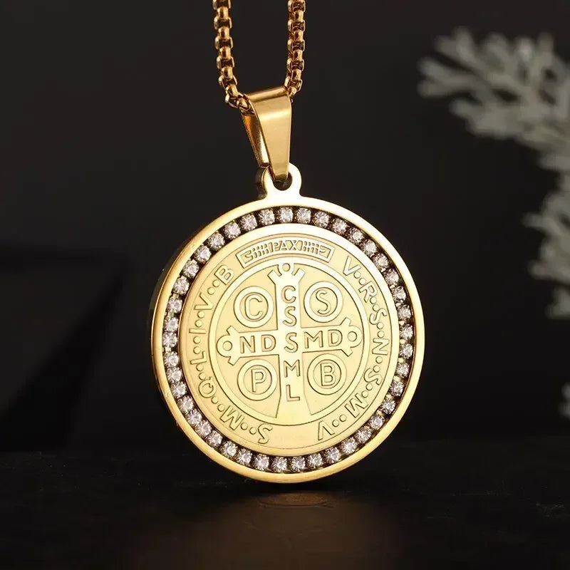 Saint Benedict Medallion Stainless Steel Pendant Zircon San Benito Collares Necklace Amulet Religious Cross Jesus