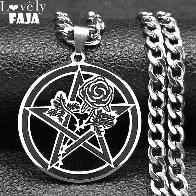 Black Rose Pentagram Pendant — Silver