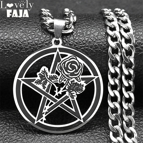 Black Rose Pentagram Pendant — Silver