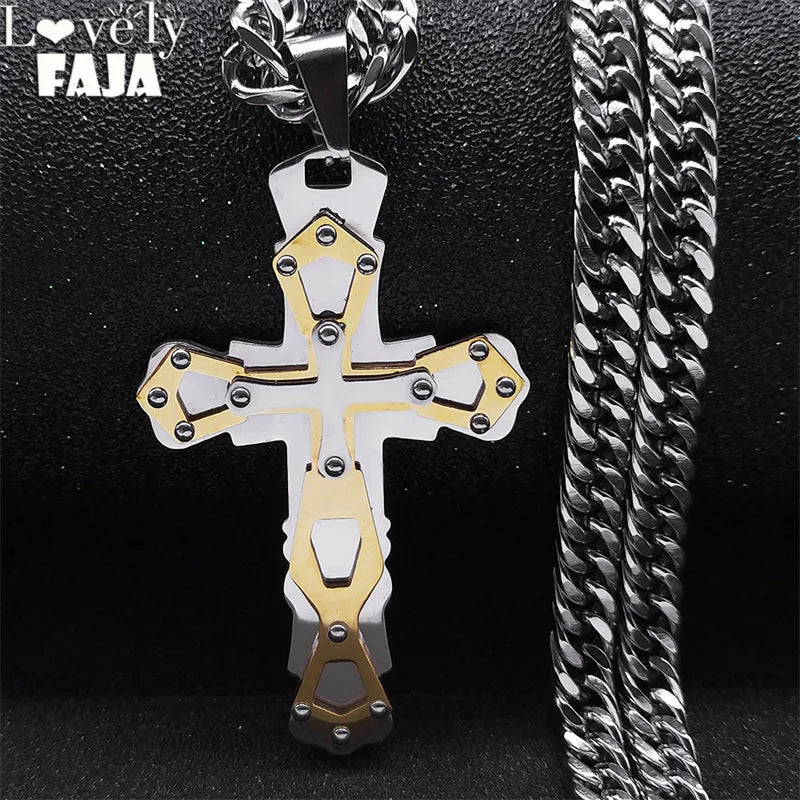 Cross Jesus Crucifix Two-Tone Pendant Layered